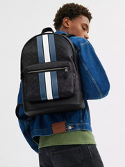 West Backpack In Signature Canvas With Varsity Stripe