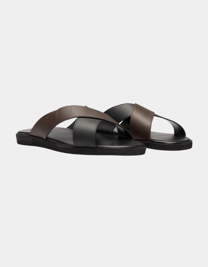 Faux-leather slides with two-tone straps