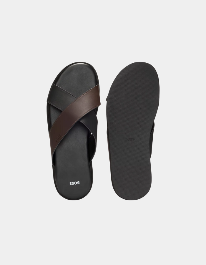 Faux-leather slides with two-tone straps