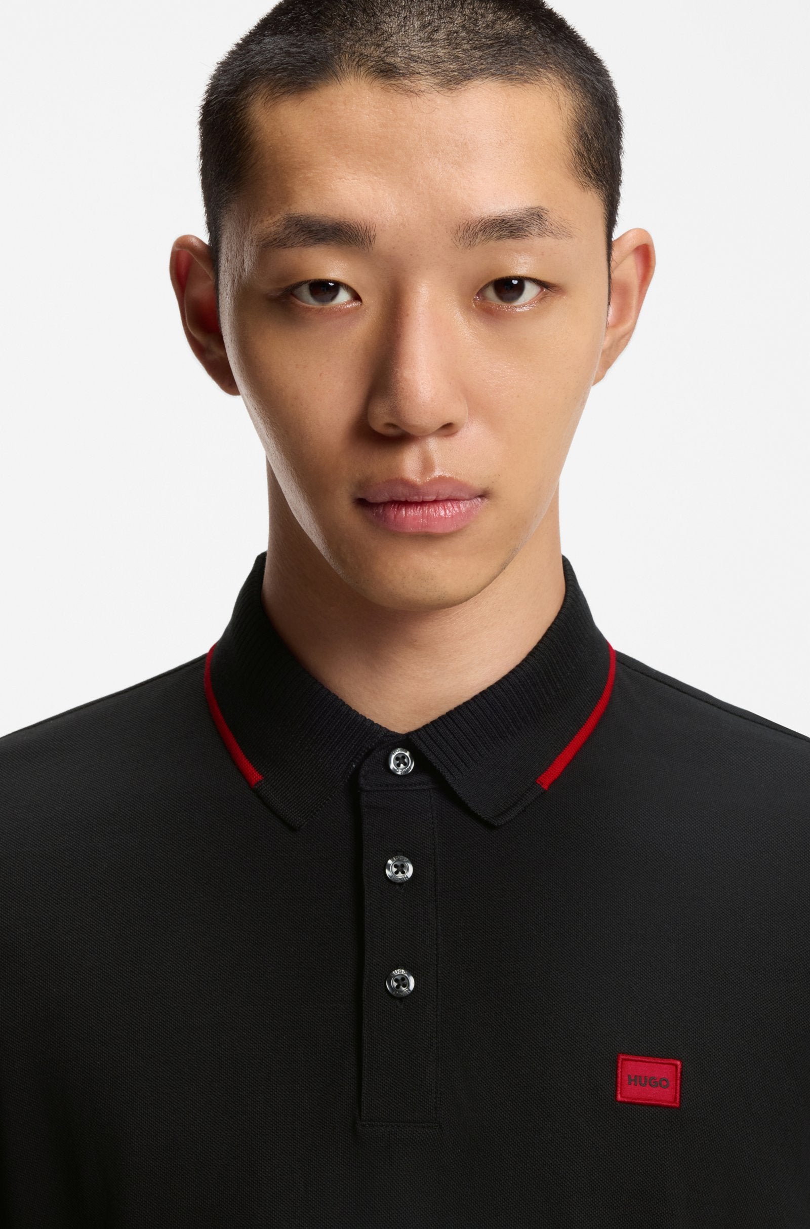 Cotton-piqué slim-fit polo shirt with red logo label