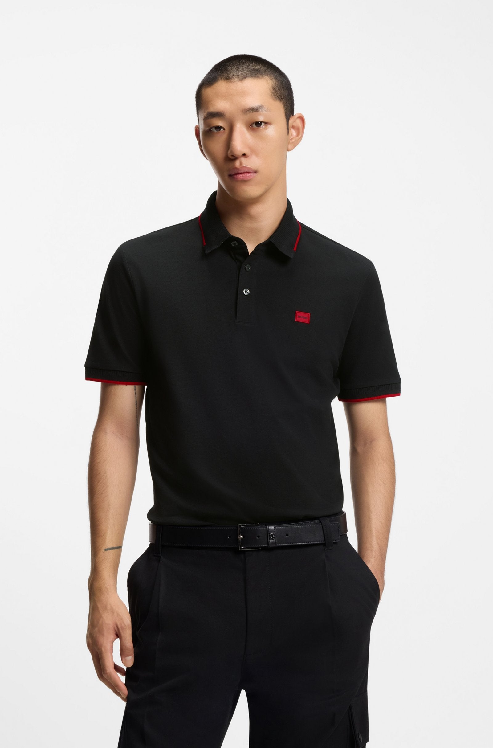 Cotton-piqué slim-fit polo shirt with red logo label